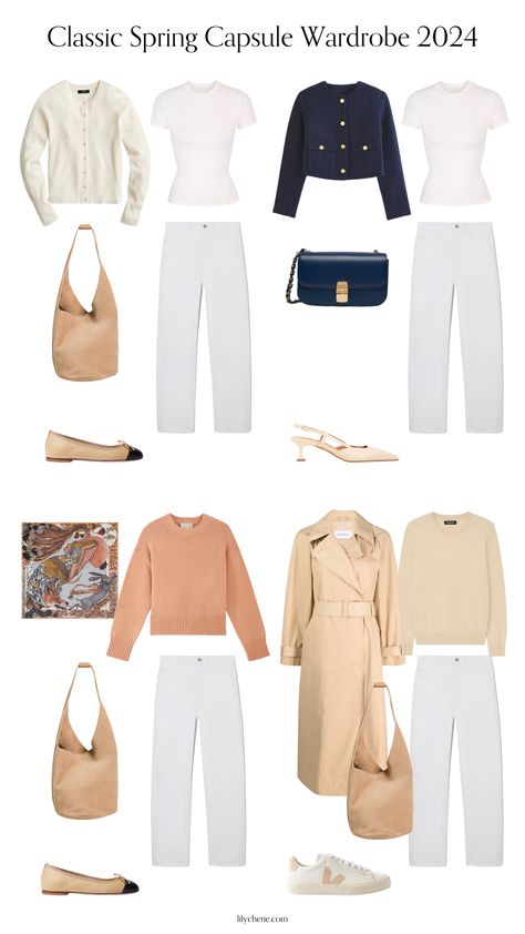 Classic Spring Capsule Wardrobe 2024 Spring Outfits 2024 Trends Women Over 40, Spring Europe Travel Outfits, Preppy Capsule Wardrobe, Frühling Outfit, Beige Hose, Minimalist Wardrobe Capsule, Capsule Wardrobe Women, Capsule Wardrobe Basics, Minimalist Closet