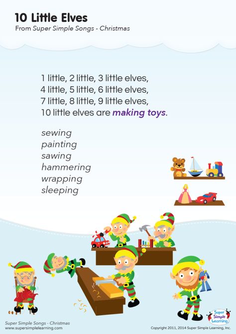 10 Little Elves Lyrics Poster - Super Simple Kids Christmas Poems, Christmas Songs For Toddlers, Elf Song, Preschool Christmas Songs, Toddler Activities Daycare, Kindergarten Esl, Christmas Songs For Kids, Songs Ideas, Christmas Songs Lyrics