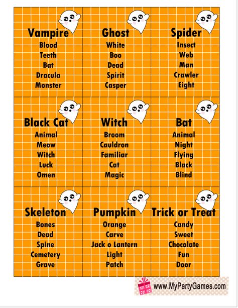 21 Free Printable Halloween Taboo inspired Game Cards Halloween Board Games, Halloween Card Games, Halloween Who Am I Game, Halloween Pictionary Word List, Halloween Board Games Free Printable, Halloween Word Scramble, Halloween Worksheets Free, Halloween Board Game, Printable Halloween Bingo Cards