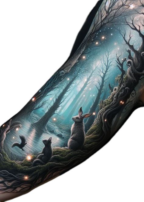 Dragon Forest Tattoo, Night Forest Tattoo, Nature Inspired Tattoos, Hand Tattoos Ideas, Cool Nature Tattoos, Nature Tattoo Ideas, Colour Tattoos, Forest Tattoo, Garden Tattoos