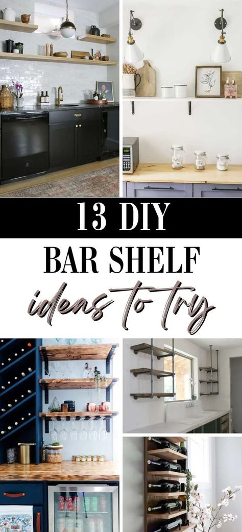 Wall Shelf Bar Ideas, Small Bar Storage Ideas, Diy Bar Shelves Ideas, Modern Floating Bar Shelves, Home Bar With Floating Shelves, Open Shelf Bar Ideas, Home Bar Shelf Ideas, Wet Bar Shelving Ideas, Diy Bar Wall Ideas