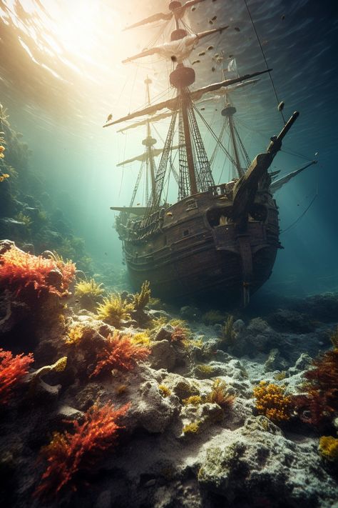 Fantasy Shipwreck, Shipwreck Photography, Shipwreck Aesthetic, Shipwreck Underwater, Shipwreck Art, Ship Sinking, Ocean Creatures Art, Underwater Shipwreck, Fantasy Cottage