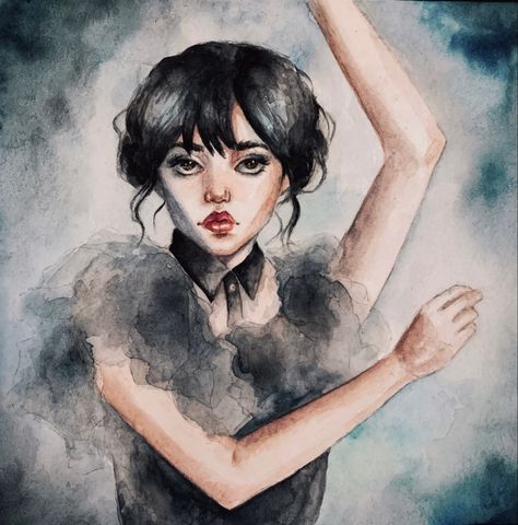 Wednesday Addams Watercolor Painting, Wednesday Addams Watercolor, Wednesday Addams Painting, Watercolor Painting Easy, Wednesday Addams, Artsy Fartsy, Watercolour Painting, Watercolor Painting, Watercolor Art