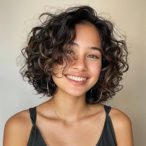 Curly Pixie Haircut Round Face, Rounded Curly Bob, Curly Short Hair For Round Face, Rounded Layers Wavy Hair, Round Wavy Haircut, Short Curly Hair On Round Faces, Curly Layered Short Hair, Short Curly Haircut Women, Curly Cut Round Face