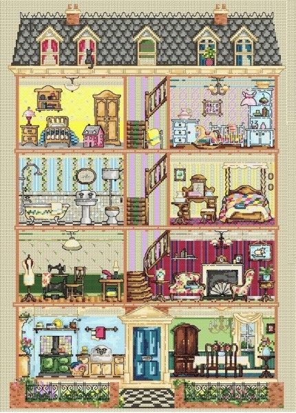 Maria Diaz Designs: Edwardian Dolls House Stitch Doll, Cross Stitch House, Cross Stitch Landscape, Cross Stitch Books, House Illustration, Vintage Dollhouse, Stitch Book, Cross Stitch Pictures, House Drawing