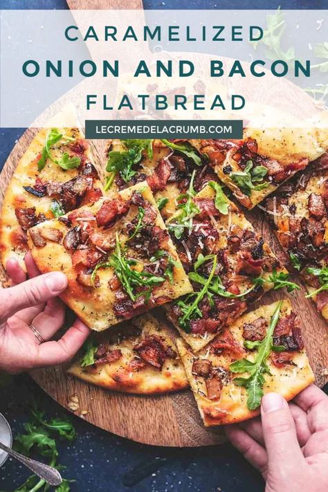 Caramelized Onion and Bacon Flatbread isn’t only gorgeous to look at, but also mouth-wateringly delicious! Flatbread topped with buttery sweet Vidalia onions, crisp bacon, Italian seasonings, parmesan, and arugula makes a wonderful meal or impressive appetizer! | lecremedelacrumb.com #caramelized #flatbread #italiandishes #delicious #sidedish #appetizers Baked Onion Flatbread, Apple Bacon Flatbread, Carmelized Onion Flatbread Recipes, Caramelized Onion Pizza Recipes, Pizza Caramelized Onions, Bacon Flatbread, Onion Flatbread, Herb Kitchen, Calzone Recipes