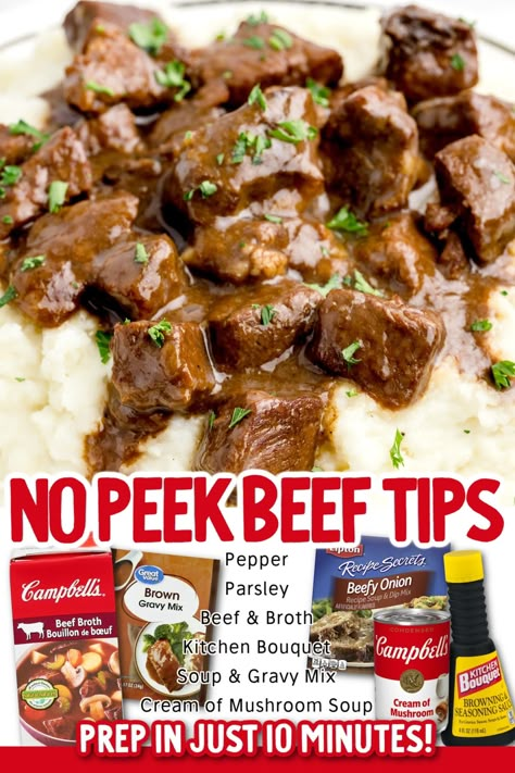 If you love a good steak, then you’ll love these no peek beef tips. Tender and juicy, the little morsels are cooked in a delicious gravy that is packed with flavor and perfect for a quick and comforting meal. Paula Deen Beef Tips In Gravy, Peppersteak Instantpot, Beef Tips With Ranch Packet, Beef Tips In Crock Pot Easy, Beef Tips With Lipton Onion Soup, Beef Tips And Gravy No Peak, No Peak Steak Tips Crock Pot, No Peak Steak Tips Oven, French Onion Soup Beef Tips