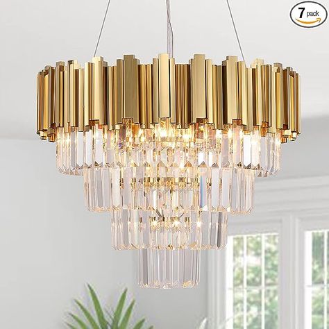 Modern Gold Chandelier: Crystal chandeliers pendant lighting ceiling lights 4-Tier 7 Lights. Features a beautiful gold finish frame along with stunning clear crystals, pure, romantic, shining like diamond, brings a chic modern look to your home. Absolutely will be wow at this statement piece.
Chandelier Size: Diameter 21.6 inches * Body Height 18 inches. 59 inch adjustable cables, vaulted or slanted sloped ceiling compatible. Material: Top clear K9 crystals and stainless steel. Dining Room Design Modern Luxury, Modern Gold Chandelier, Gold Chandeliers, Dining Room Design Modern, Chandeliers Modern, Luxury Chandeliers, Dining Room Ceiling, Crystal Chandelier Lighting, Modern Crystal Chandelier