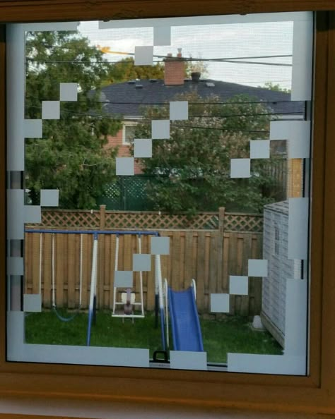 Simple to do and "accurate" minecraft glass panes. Privacy film, scissors and patience. The kids love it.. Diy Minecraft Window, Minecraft Window Irl, Minecraft Windows Irl, Minecraft Windows Design In Real Life, Minecraft Glass Design, Minecraft Glass Window, Diy Minecraft Decor, Minecraft Windows Design, Minecraft Classroom