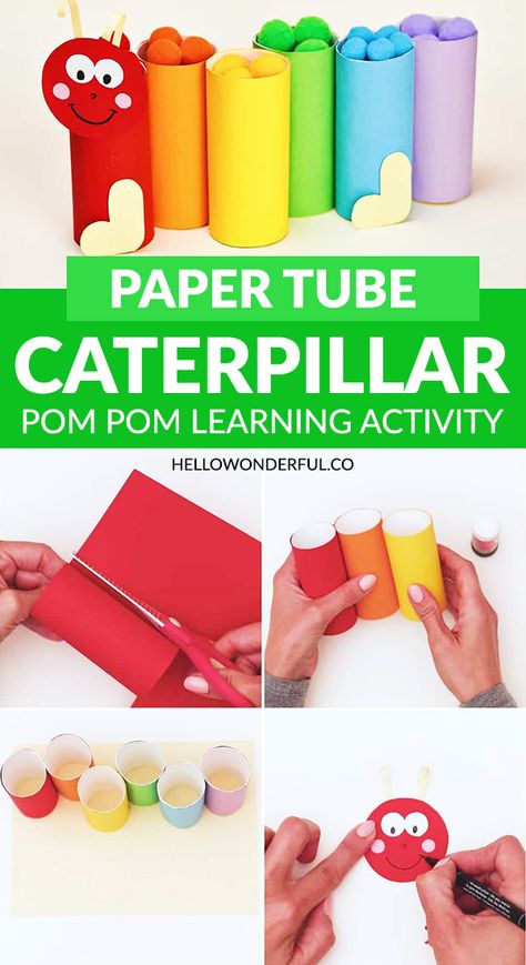 This adorable Paper Tube Caterpillar Pom Pom Learning Activity is a great craft for teaching your child their colors #hellowonderful Paper Roll Crafts For Kids, Cardboard Tube Crafts, Hungry Caterpillar Craft, Paper Towel Crafts, Roll Craft, Baby Play Activities, Fun Fall Activities, Hand Crafts For Kids, Activities Preschool