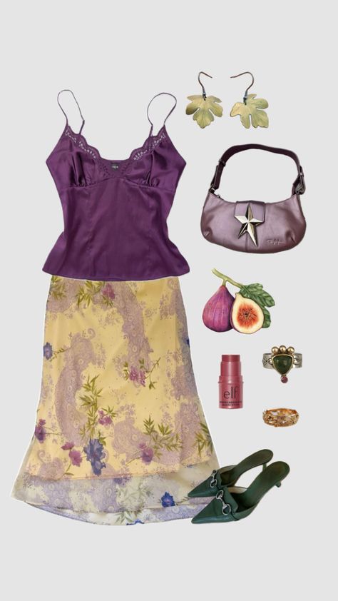 outfits inspired by fruit part 3 #outfit #outfitinspo #outfitideas #vintage #beauty #vibes #figs #fitinspo #purplesilkcami #floralmidiskirt #skirts #mugler #elf #elfcosmetics #vintagejewelry #jewelry Fruit Inspired Outfit, Italy Cottagecore, Mugler Star, Cmbyn Aesthetic, Gold And Silver Rings, For Eyes, Eyes Lips, Berry, Lips