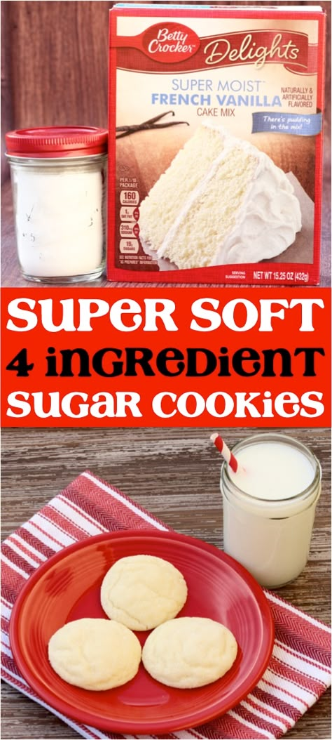 Super Soft Sugar Cookies!  These French Vanilla sugar cookies are the ultimate dessert whether you're hosting a big get-together or simply want an easy weekend dessert!  With 4 ingredients you simply can't go wrong! Vanilla Sugar Cookie Recipe, Vanilla Sugar Cookies, Cookies Cupcake, French Vanilla Cake, Cake Mix Cookie Recipes, Vanilla Sugar Cookie, Chewy Sugar Cookies, Dessert Simple, Vanilla Cake Mixes