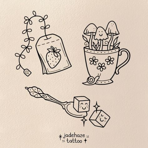 Cute Tea Tattoo, Green Tea Tattoo, Tea Tattoo Ideas, Tea Bag Tattoo, Teabag Tattoo, Tea Doodle, Tumbler Drawings, Pottery Drawing, Teapot Tattoo