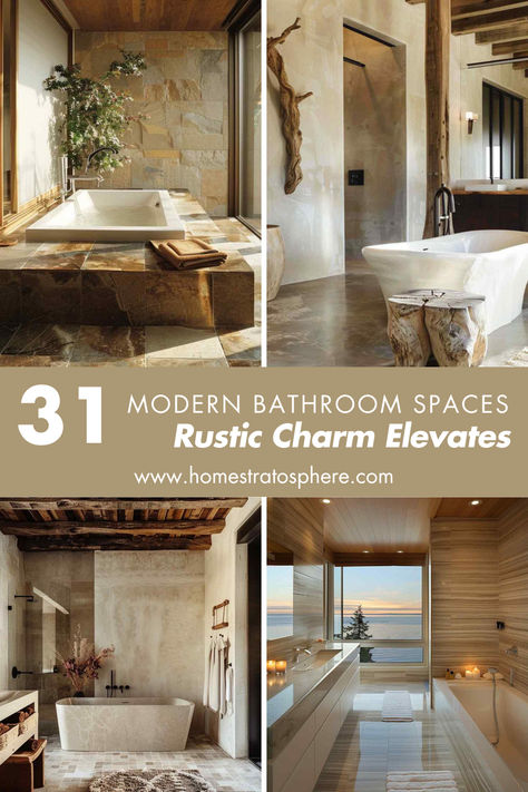 Rustic Charm Elevates 31 Modern Bathroom Spaces Natural Element Bathroom, Log Home Bathrooms Modern, Organic Spa Bathroom, Natural Stone Bathrooms, Natural Organic Bathroom Design, Organic Natural Bathroom, Tulum Style Bathroom, Earth Tone Bathrooms, Tulum Inspired Bathroom