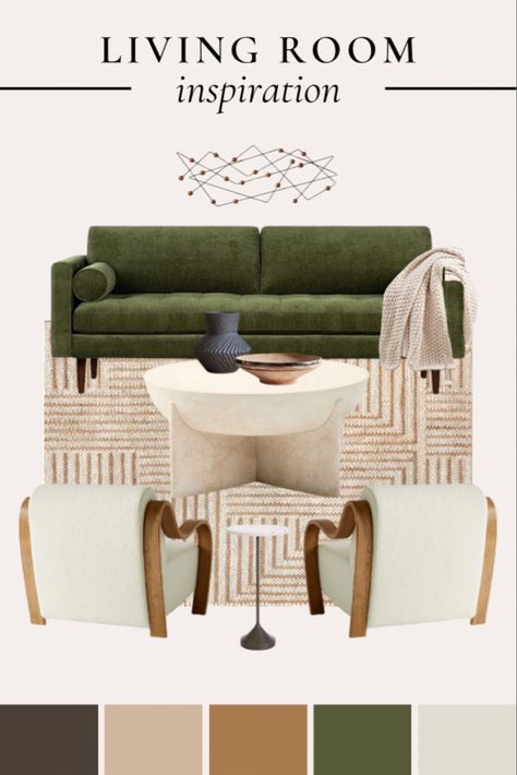 Living room inspo with a pop of color! I love using olive green as an accent in neutral spaces ••• Green sofa, green couch, accent chairs, neutral decor, neutral chair, concrete coffee table, round coffee table, neutral rug, living room styling White Living Room Green Couch, Green Sofa Organic Modern, Rug For Olive Green Couch, Tan Cream And Green Living Room, Rugs That Go With Green Couch, Rug Green Sofa, Green Sofa Rug, Light Green Sofa Living Room Ideas, Green Sectional Living Room Ideas