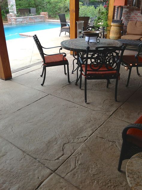 Stamped textured concrete patio area with diamond scoring pattern (1 of 2) Seamless Stamped Concrete, Stamped Concrete Pool Deck Patterns, Scored Concrete Patio, Textured Concrete Patio, Pool Decking Concrete, Patio Decoration Ideas, Concrete Patterns, Stamped Concrete Patterns, Poured Concrete Patio