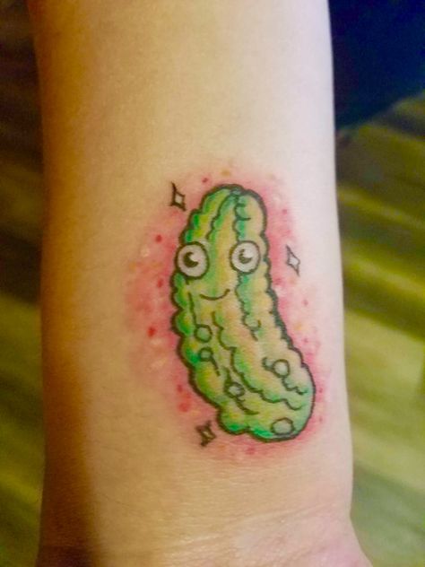 Cute Pickle Tattoo Pickle Tattoo, Pickle Rick Tattoo, Pickle Picture, Whimsical Tattoos, Small Matching Tattoos, Detailed Tattoo, Tattoo Designs For Girls, Home Tattoo, Unique Tattoo