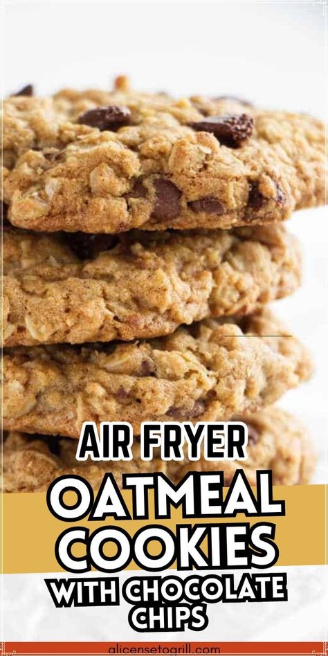 Dive into these air fryer oatmeal cookies with chocolate chips and experience the magic of baking without the oven! Ideal for those spontaneous cookie cravings, this recipe is a dream for prep-ahead, with dough you can whip up and chill until that sweet tooth calls. Stash a batch in the fridge, and you’ll be just 7 minutes away from warm, gooey goodness any day of the week. Air Fryer Cookies Easy Recipes, Air Fryer Oatmeal Cookies, Air Fryer Oatmeal, Oatmeal Cookies With Chocolate Chips, Easy Oatmeal Recipes, Cookies With Chocolate Chips, Chocolate Chip Oatmeal Cookies, Veggie Skewers, Crispy Wings