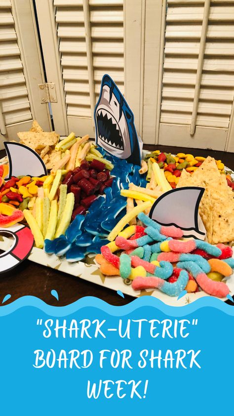 Shark Unit Study, Shark Week Snacks For Kids, Sharkutery Board Ideas, Shark Themed Charcuterie Board, Shark Snack Ideas, Sharkutery Board Shark, Shark Week Party Food Ideas, Shark Week Decorations, Sharkdog Birthday Party