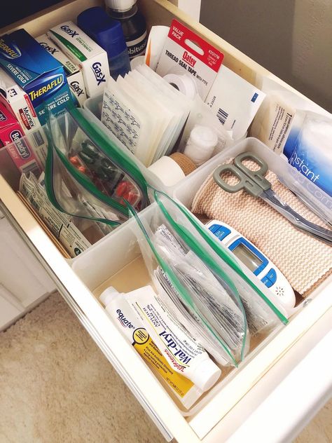 home first aid kit drawer organization Bathroom First Aid Organization, First Aid Drawer, First Aid Drawer Organization, Medication Drawer Organization, At Home First Aid Kit, First Aid Organization Ideas, First Aid Storage Ideas, First Aid Organization Storage, First Aid Kit Organization