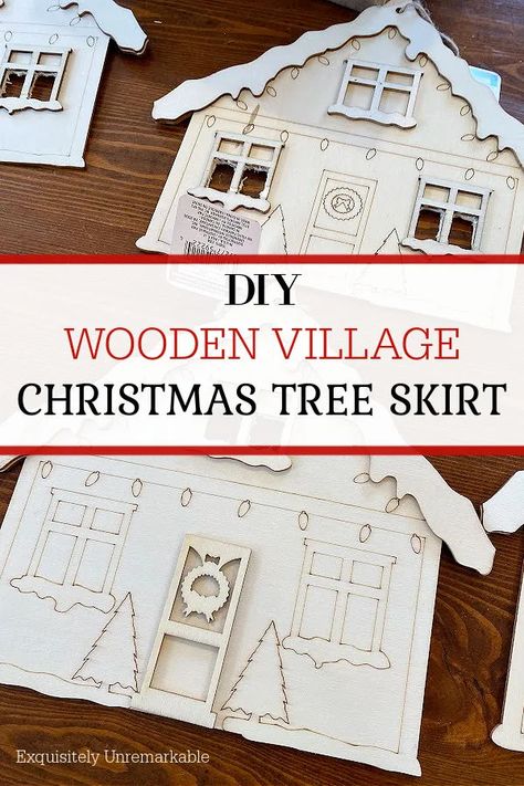 DIY  WOODEN VILLAGE CHRISTMAS TREE SKIRT Gingerbread Tree Skirt, Diy Tree Stand, Farmhouse Christmas Crafts, Tree Skirt Diy, Diy Tree Skirt, Village Christmas Tree, Village Tree, Diy Christmas Crafts, Gingerbread Diy