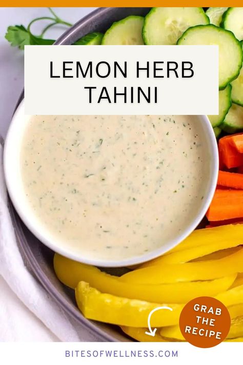 Lemon herb tahini is packed with flavor and so easy to make. Just 5 minutes and a few pantry ingredients, this lemon herb tahini sauce is a simple way to add so much flavor to any meal! Bright, fresh and creamy, herb lemon tahini sauce is great for dipping veggies, as a sauce for sandwiches or wraps or as a salad dressing. Lemon Herb Tahini Dressing Cava, Lemon Herb Tahini Dressing, Cava Copycat, Vegan Tzatziki Sauce, Lemon Tahini Sauce, Tzatziki Sauce Recipe, Vegan Tzatziki, Tzatziki Recipes, Falafel Recipe