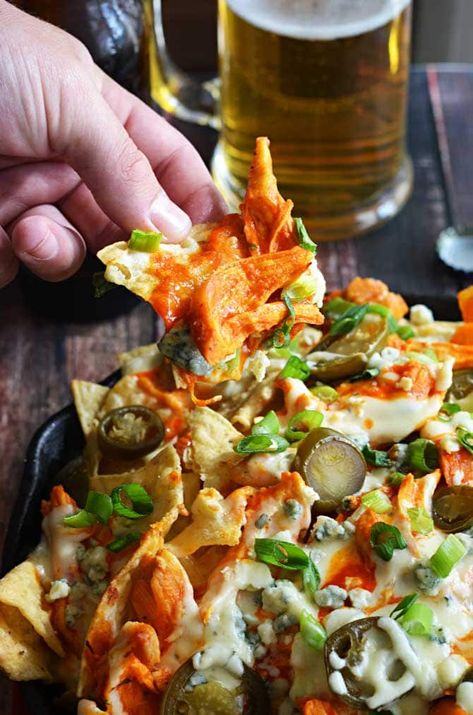 Loaded Buffalo Chicken Nachos - Host The Toast Buffalo Chicken Nachos Recipe, Best Nacho Recipe, Buffalo Chicken Nachos, Blue Cheese Crumbles, Shredded Buffalo Chicken, Chicken Nachos Recipe, Pickled Jalapenos, Cheesy Ranch, Nachos Recipe Easy