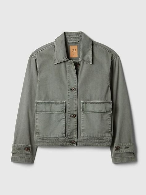 Relaxed Utility Jacket | Gap Summer To Fall Transition Outfits, Fall Fashion Inspiration, Cropped Trench Coat, Cotton Twill Jacket, Fall Transition Outfits, Green Utility Jacket, Canvas Jacket, Transition Outfits, Water Retention