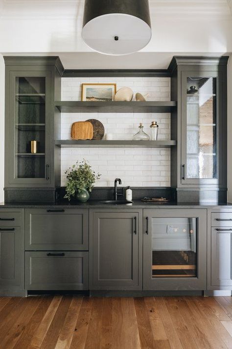 Open Shelving Styling, Shelving Styling, Wet Bar Ideas, Wet Bar Cabinets, Latest Kate, Basement Wet Bar, Kate Marker Interiors, Green Cabinets, Wet Bars