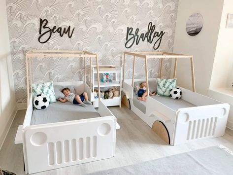 Montessori Bed Boy, 2 Toddler Beds In One Room, Bed For Toddler Boy, House Bed Boys Room, Floor Bed For Kids, Kids Beds For Boys, Diy Toddler Bed, Boy Bed, Toddler Floor Bed