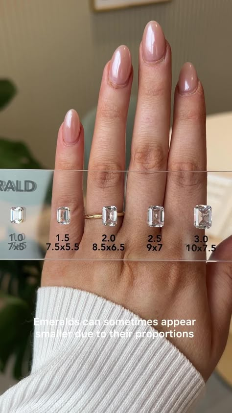 Diamond Ring Size, Carat Ring Size Chart, 8k Engagement Rings, Luxury Vs Clarity Emerald Engagement Ring, Different Carat Sizes On Hand, Emerald Shape Diamond Ring, Ring Shapes Engagement Chart, Diamond Carat Size Chart Emerald, Emerald Shape Wedding Rings