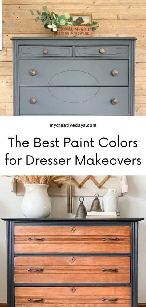 Explore the best 10 furniture paint colors for your dresser makeover or DIY furniture project! From boho to modern and farmhouse styles, we've gathered the perfect shades for your refurbished dresser. Dive into the full list by clicking through and find the ideal paint color for your painted furniture! Painted dresser, furniture painting tips Paint Color For Furniture Dressers, Beyond Paint Pewter Dresser, Wooden Dresser Refurbish, Paint And Natural Wood Dresser, Refinish Old Dresser Wood Furniture, Accent Color Dresser In Bedroom, What Color Should I Paint My Dresser, Popular Bedroom Furniture, Two Color Dresser Makeover