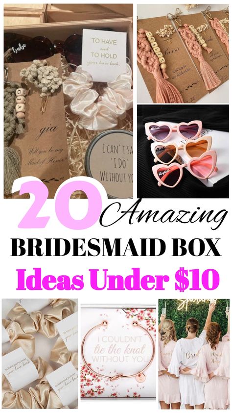 Discover a carefully selected assortment of budget-friendly and meaningful gifts to include in your bridesmaid proposal boxes. Uncover a diverse range of imaginative present options available for under $10, ideal for demonstrating gratitude towards your bridesmaids while staying within your budget limits. Bridesmaid Proposal Budget, Bridesmaids Goody Bags Gift Ideas, Simple Bridal Party Proposal, Diy Bridesmaid Proposal Boxes Cheap, Bridesmaid Proposal Travel Theme, Bride To Be Box Ideas, Ideas For Asking Bridesmaids, Wedding Party Asking Ideas, Simple Bridesmaid Proposal Cheap