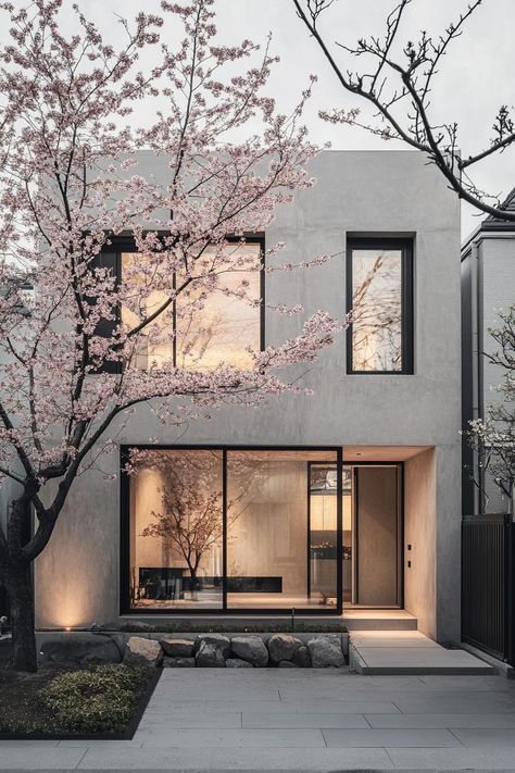 Japanese Minimalist House Design, Japandi Facade, Japanese Minimalist House, Narrow Houses, Minimalist Houses, Wooden Sliding Doors, Cabin Modern, Modern Residential Architecture, Japanese Minimalist