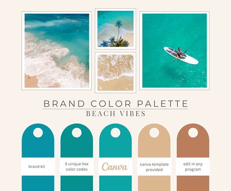 Brand color palette, "Vibes" has beautiful beachy tones perfect for designing your business brand. Comes with unique color hex codes. Make your brand shine with our unique colors. Beach Website Design Inspiration, Bright Blue Color Palette, Brand Color Palette Hex Codes, Sea Palette, Color Palette Hex Codes, Beach Color Palettes, Ocean Themed Bedroom, Website Color Schemes, Coastal Color Palette