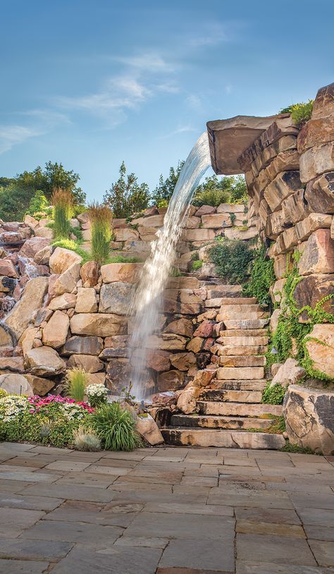 rock wall Waterfall Staircase, Glass Front Entry Doors, Florida Cottage, Utah Style, Potted Palms, Fall Fishing, Mexican Beaches, Stone Landscaping, Indoor Waterfall