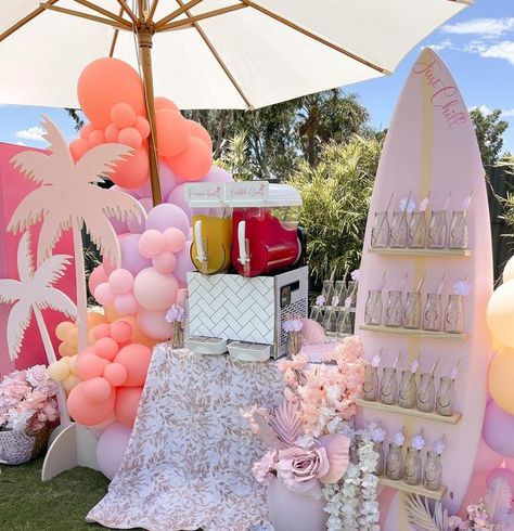 KIDS CO PARTY AND EVENT STYLIST PERTH on Instagram: "Sweet, Sassy and Seven 💅🏼🌸 how hip is this super cute drink station though 💁🏼‍♀️💕🏝 . Styling, concept and props @kidsco__ Florals @kidsco__ Cookies @sugarmummacookies.co Cake and desserts @sillysugarbysuji Waterslide Castle @thewhitecastleco Entertainment @gseperth . #barbie #barbiebeachparty #sweetsassyandseven #girlsbirthday #seventhbirthday #kidsco #kidsparties #kidspartiesperth #kidsbirthday #kidsbirthdayparty #kidspartyideas #kidsp Barbie Drink Station, Mermaid Graduation Party, Tropical Barbie Party, Barbie Event Decor, Preppy Pool Party Ideas, Barbie Themed Pool Party, Birthday Party Stations, Waterslide Birthday Party Ideas, Resort Birthday Party