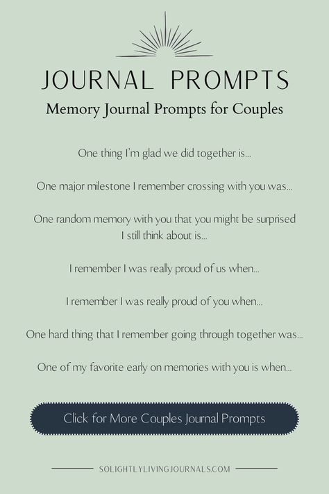 green background, black text, graphic of rising sun top image, navy blue rectangle with rounded corners bottom image with white text inside that says "click for more couples journal prompts" Couple Journal Ideas Relationships, Journal Prompts For Couples, Prompts For Couples, Couple Journal, Relationship Journal, Mindfulness Journal Prompts, Couples Journal, Spiritual Journals, Unique Journals