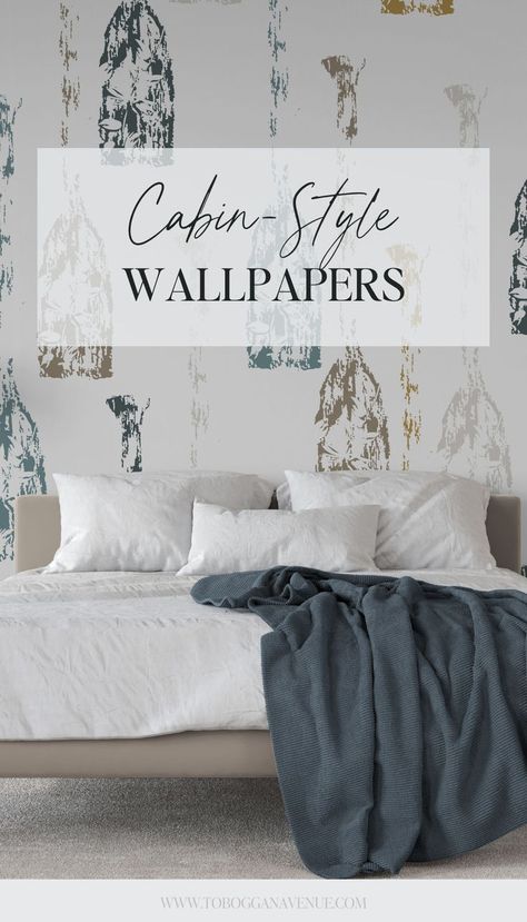 image of a bedroom with white and blue and yellow oars wallpaper Winter Cabin Wallpaper, Modern Cabin Aesthetic, Wallpaper Projects, Cabin Wallpaper, Cabin Aesthetic, Cabin Core, Winter Cabin, Modern Cabin, Flowers Wallpaper