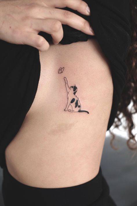 Cat Playing With Flower Tattoo, Multiple Cat Tattoo, Cat Line Art Tattoo, Black And White Cat Tattoo, Tattoo Designs Cat, Angel Cat Tattoo, Small Quirky Tattoos, Dainty Cat Tattoo, Minimal Cat Tattoo