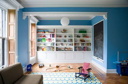 35 Playroom Ideas For Kids of All Ages Guest Bedroom Colors, Playroom Walls, Stylish Playroom, Blue Playroom, Elizabeth Roberts, Basement Guest Rooms, Basement Playroom, Bedroom Colour Palette, Basement Renovations