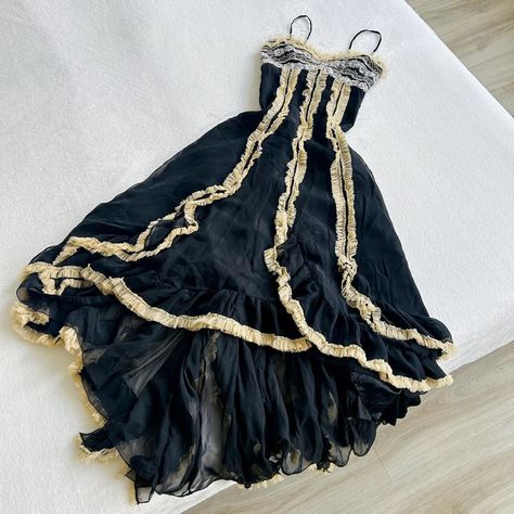 Rare romantic flowy timeless black musthave ruffled... - Depop Homecoming Dresses Fairy Grunge, Vintage Prom Dresses 70s, Flowy Ruffle Dress, Cotillion Dresses, Prom Dress Inspiration, Pretty Prom Dresses, Ruffled Dress, Fairytale Dress, Dreamy Dress