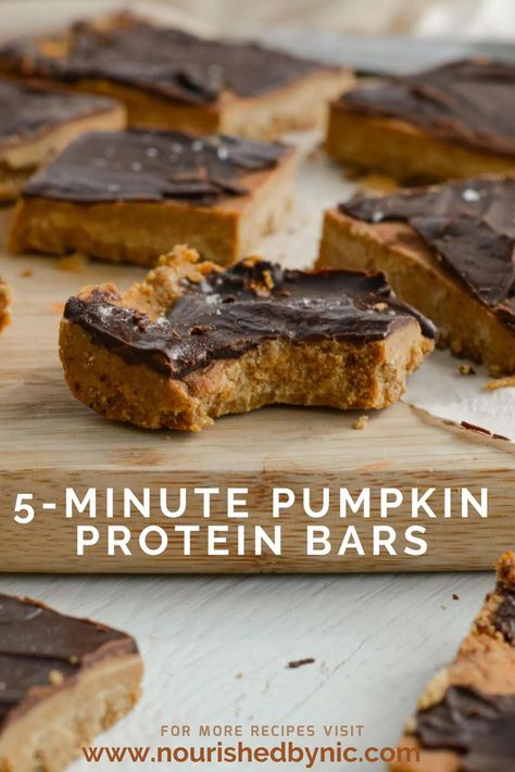 5-minute Pumpkin Protein Bars recipe Dairy Free Protein Bars, Pumpkin Protein Bars, Gluten Free Protein Bars, Pumpkin Pie Protein, Healthy Protein Bars, No Bake Pumpkin, Pumpkin Protein, Protein Bars Homemade, Gluten Free Protein