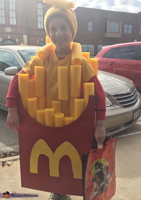 Amanda: My son Landen wanted to be French fries for Halloween. So I took a card board box and painted it red with a yellow M on it. We then used... French Fry Halloween Costume, Mcdonalds Costume Halloween, Mcdonald’s Halloween, Mcdonalds Halloween Costumes, Food Costumes Diy, Mcdonalds Costume, French Fries Costume, Fries Costume, French Fry Costume