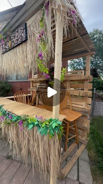 Whitney Morris on Instagram: "Me and @danqerouslyhawt made a tiki bar under $100 for my bday party 😊 I have the best friend ever ☺️ we added lights and bar accessories glasses etc I will upload the finish look on my story soon" Tiki Backyard Ideas, Diy Tiki Bar, Tiki Bar Ideas, Tiki Bars Diy, Tikki Bar, Free Pallets, My Bday, Diy Bar, Tiki Bar