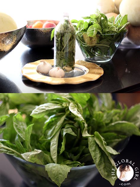 Basil and garlic infused olive oil recipe | The Global Girl Basil Infused Olive Oil, Infused Oil Recipes, Herb Infused Olive Oil, Fresh Herb Recipes, Garlic Infused Olive Oil, Basil Olive Oil, Flavored Olive Oil, Olive Oil Recipes, Basil Recipes