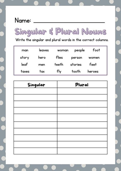 Gray Simple Irregular Plural Nouns Worksheets - Templates by Canva Irregular Plural Nouns Worksheet, Singular And Plural Words, Teaching Nouns, Irregular Nouns, Plural Nouns Worksheet, Plurals Worksheets, Plural Words, Irregular Plural Nouns, Irregular Plurals