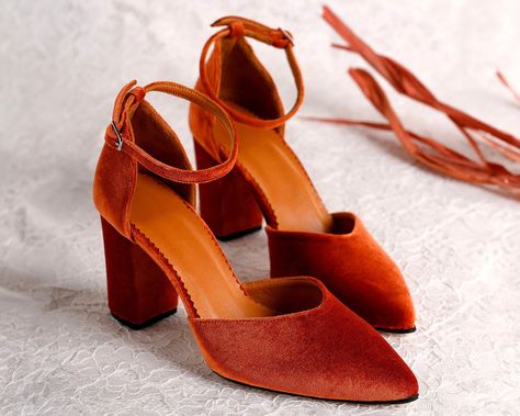 Burnt Orange Velvet Block Heels, Women Wedding Shoes, Bridesmaids Pumps, Holiday Shoes Terracotta Wedding Shoes, Burnt Orange Heels, Orange Wedding Shoes, Weddings Shoes, Women Wedding Shoes, Burnt Orange Velvet, Velvet Block Heels, Burnt Orange Wedding, Berry Wedding