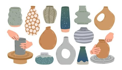 Various ceramic vases. different shapes.... | Premium Vector #Freepik #vector #vintage #design #art #white-background Ceramics Graphic Design, Pottery Icon, Pottery Background, Vases Illustration, Illustration Ceramics, Ceramics Illustration, Pottery Drawing, Pottery Illustration, Ceramic Drawing