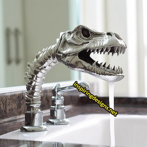 These Dinosaur Faucets Will Boost Hygiene Habits Using Prehistoric Fun – Inspiring Designs Dinosaur Bathroom Ideas, Boys Bathroom Ideas Kid, Dino Bathroom, Modern Kids Bathroom Ideas, Dinosaur Things, Dinosaur Bathroom, Modern Kids Bathroom, Odd Furniture, Dinosaur Rawr